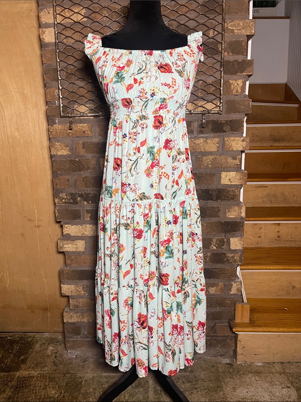 Abel the Label Floral Tiered Maxi Dress - Light Blue with Multicolor Florals S